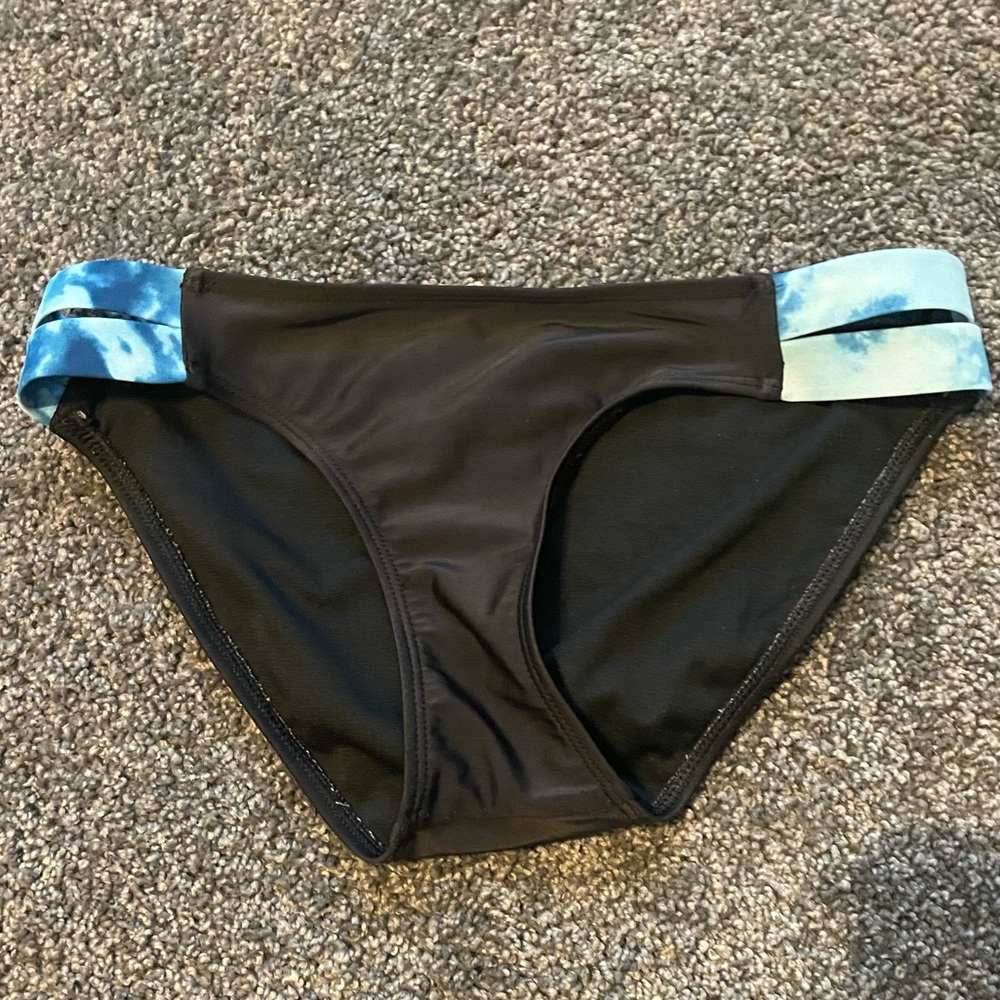 Black bikini bottoms with blue tie dye sides